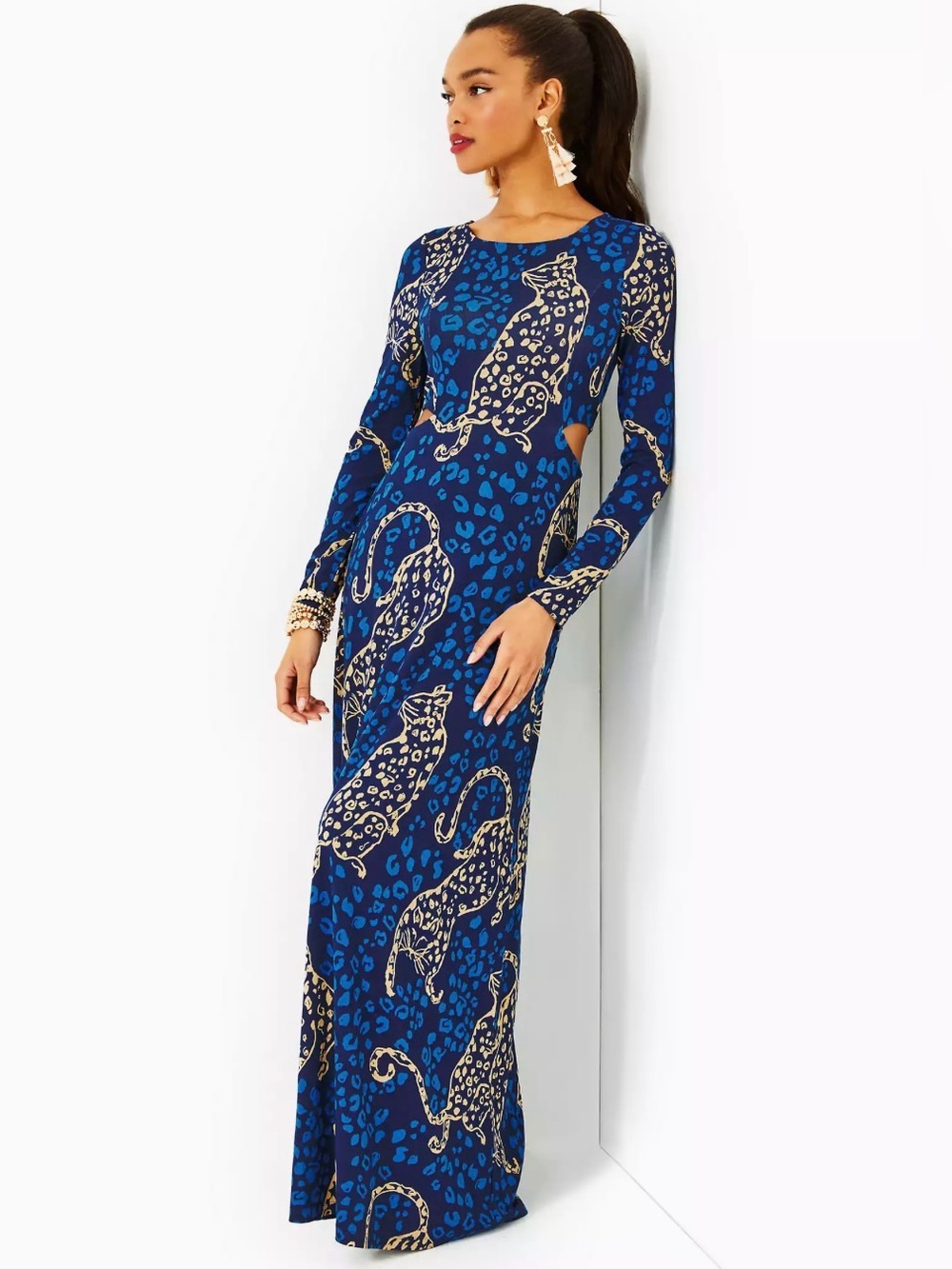 Lilly Pulitzer Royal Blue Leopard Print Long Sleeve Cutout Maxi Dress